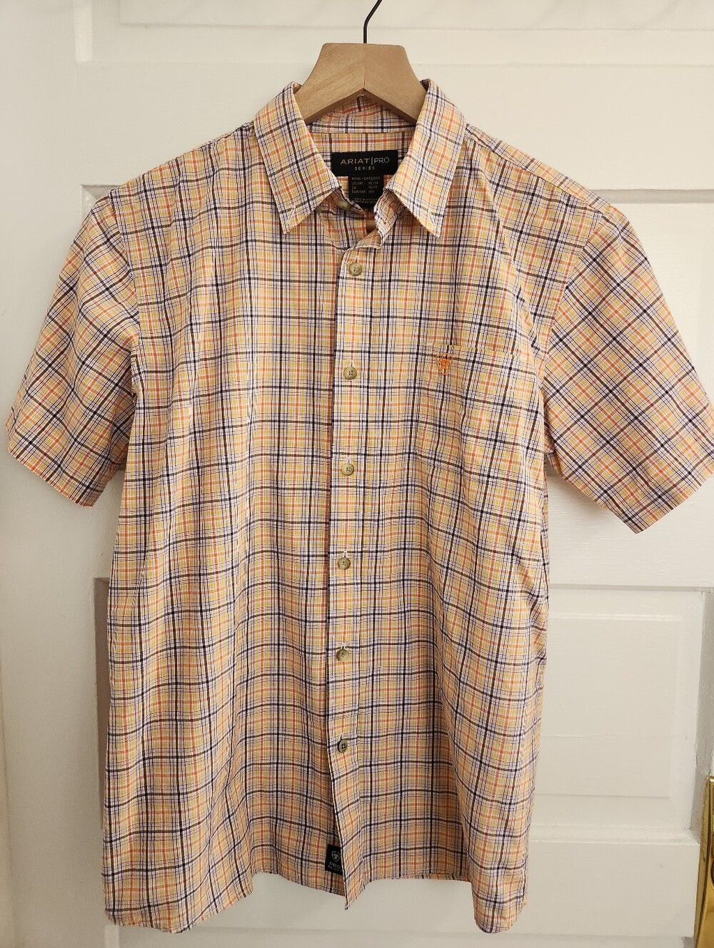 Ariat Boys Xl Short-Sleeve Plaid Button-Down in Orange and Blue